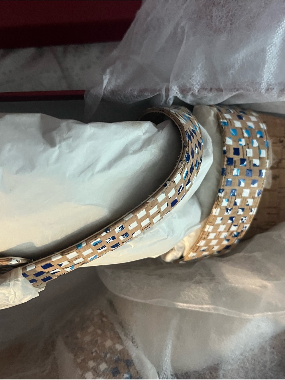 Woven Metallic Accent Cork Wedge Sandals - Blue & Tan Brand new in box - Picture 2 of 3